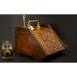 Late Victorian Mahogany Coal Scuttle with carved fall front, brass mount, shovel and metal liner.