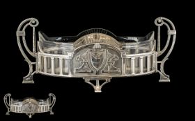 Early 20thC German Silver Plated Centrepiece With Original Shaped & Etched Glass Liner, Twin Handled