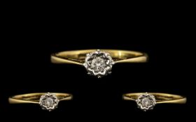 18ct Yellow Gold Single Stone Diamond Ring Illusion Set, Diamond of Good Colour and Clarity. Ring