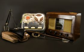Collection of Interesting Vintage Items including a vintage Bush wooden cased radio with integral