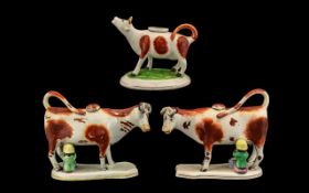 19thC Pearl Ware Staffordshire Cow Creamer, Painted In Iron Red Enamels, Loop Tail, Base - With