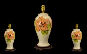 Moorcroft - Impressive and Large Tube lined Lamp Base, Decorated with Images of Coral Hibiscus on