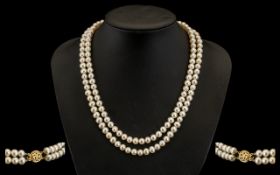 Ladies Nice Quality Double Strand Cultured Pearl Necklace - with 9ct gold clasp, fully hallmarked