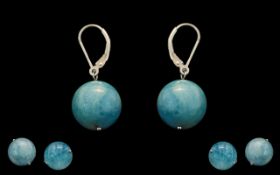 Aquamarine Globe Drop Earrings, single beads of opaque aquamarine, each of 18cts, mined in Brazil,