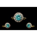 18ct Gold - Attractive Diamond and Blue Topaz Set Cluster Ring. Flower head Design. Full Hallmark