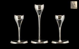 Danish Mid 20th Century Superb Stylised Tulip Design Silver Plated Trio / Set of Candle Holders. c.