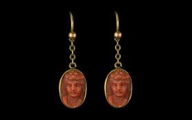 Antique Period - Nice Quality Pair of 9ct Gold Hand Carved Lava Cameo Earrings Drops, Each Depicting