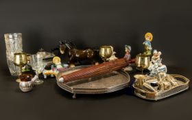 A Box of Assorted Oddments including glass ware, brass, an oriental umberella, Brownie Model 1,