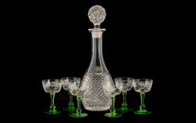 Sherry Decanter and Six Glasses. Cut gl