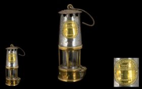 Antique Miner's Brass & Glass Oil Lamp b