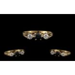 9ct Gold Attractive 3 Stone Diamond & Sapphire Set Dress Ring. Full hallmark for 9.375. The two