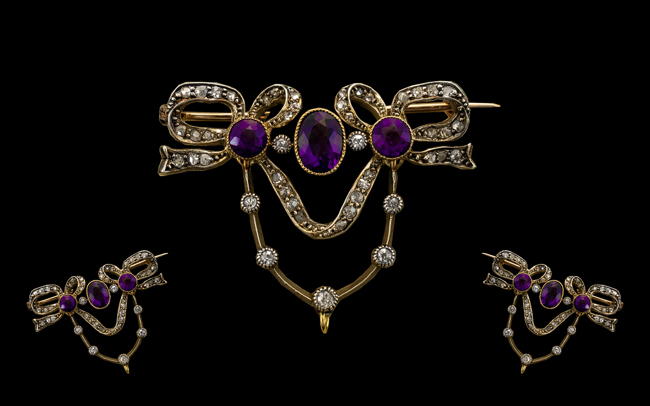 Early Victorian Period Exquisite and Superb Quality Diamond and Amethyst Sweetheart Set Brooch/
