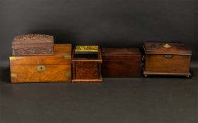 Collection of Six Mostly Antique Boxes to include a Maple wood sewing box, A Walnut box with brass