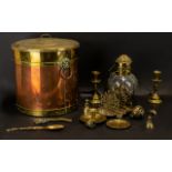 Copper Coal Bucket and Quantity of Brass. Brass desk tidy, brass Lantern, candle sticks etc, good