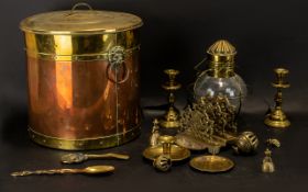 Copper Coal Bucket and Quantity of Brass. Brass desk tidy, brass Lantern, candle sticks etc, good