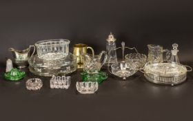 Collection of Vintage Glass & Plate Items comprising two glass cake plates raised on ball feet;