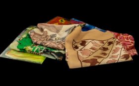 Collection of Vintage Silk Scarves in assorted colours and designs, with hand rolled edges. Eight in