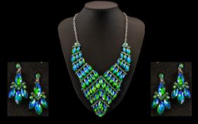 Blue/Green Marquise Crystal Statement Necklace and Earrings Set, two-tone crystals in vivid royal