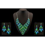 Blue/Green Marquise Crystal Statement Necklace and Earrings Set, two-tone crystals in vivid royal