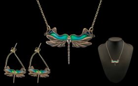Scottish Enamel Silver Dragonfly Necklace & Earrings. Fully Hall Marked for Edinburgh 1981, maker