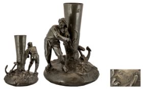 French Early 20th Century Period Impressive Figural Centrepiece In Polished Pewter. By The French