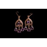 Rose de France Amethyst Triple Drop Pendant Earrings, each stylish earring comprising three pear cut