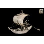 Portuguese 19th Century Superb Quality Large Silver Cargo Boat with sails at full speed.