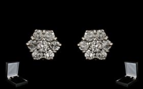 18ct White Gold - Superb Quality Pair of Diamond Set Earrings - Attractive Flower head Design,