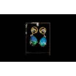 Peacock Quartz Drop Earrings, two pear cut solitaires of the blue/ green, two-tone peacock