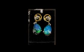 Peacock Quartz Drop Earrings, two pear cut solitaires of the blue/ green, two-tone peacock