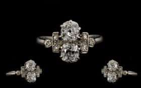Antique Period - Stunning Platinum Diamond Set Dress Ring, The Two Central Old Brilliant Cut