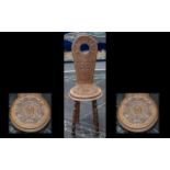 Oak Milking Chair / Stool. Highly carved decoration throughout, total height 33.5 inches, seat
