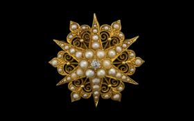 Victorian Period Exquisite 18ct Gold Fine Quality Starburst Design Filigree Brooch/Pendant - set