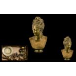 A Late Victorian Brass Bust of Noble Lady height 11 inches. Together with two taper sticks, a