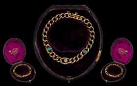 Antique Period Attractive 15ct Gold Curb Bracelet, Set with Diamond and Turquoises of Pleasing Form.