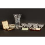 Collection of Glassware & Flatware to include a tall cut glass vase 10.5'' tall; six sundae dishes