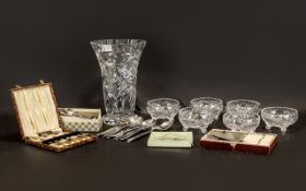 Collection of Glassware & Flatware to include a tall cut glass vase 10.5'' tall; six sundae dishes