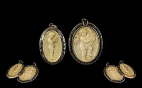 Antique Period Superb Quality Pair of Silver Mounted Oval Shaped of Carved Ivory / Bone Cameos Set