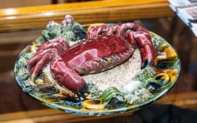 Palissy Style Antique Majolica Dish depicting a crab amongst mussels in high relief. Circa 1900.