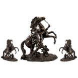 20thC Bronze Figure Group Marley Horse and Trainer. After Guillaume Coustou, rearing horse raised on