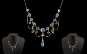 Ladies Edwardian Period Superb Quality and Attractive 9ct Gold, Blue Moonstone Set Ornate