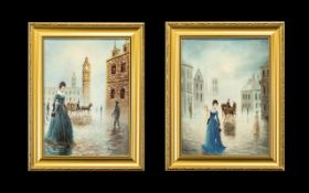 A Pair of Oil on Board Street Scenes depicting a lady in blue with coach and horses in the rear of