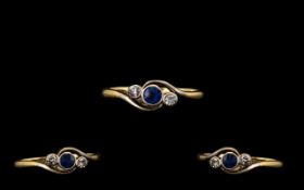 18ct Gold Attractive Sapphire & Diamond 3 Stone Ring. Marked 18ct. Ring size K. All aspects of