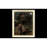 An Unusual Antique Painting of an Australian Aboriginal Man holding a spear. Head and shoulders