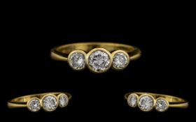 18ct Gold Superb Quality Three Stone Diamond Ring the pavee set diamonds of good colour and clarity.