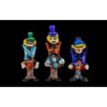 Murano 1970's Hand Blow Trio of Multicoloured Clown Figurines - tallest figure is 10.25 inches -