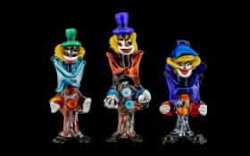 Murano 1970's Hand Blow Trio of Multicoloured Clown Figurines - tallest figure is 10.25 inches -