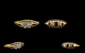 18ct Gold Attractive Diamond & Sapphire Ring - Gallery setting. Hallmarked London 1917. Ring size