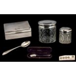 Collection Of Silver Items. Silver cigarette box dated London 1924, Silver spoon in box dated London