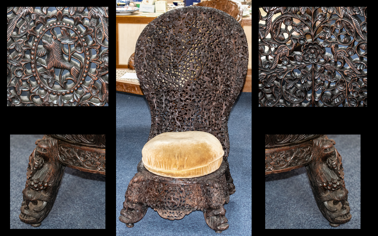 19thC Profusely Carved Burmese Hardwood Low Chair The spoon shaped back profusely carved with
